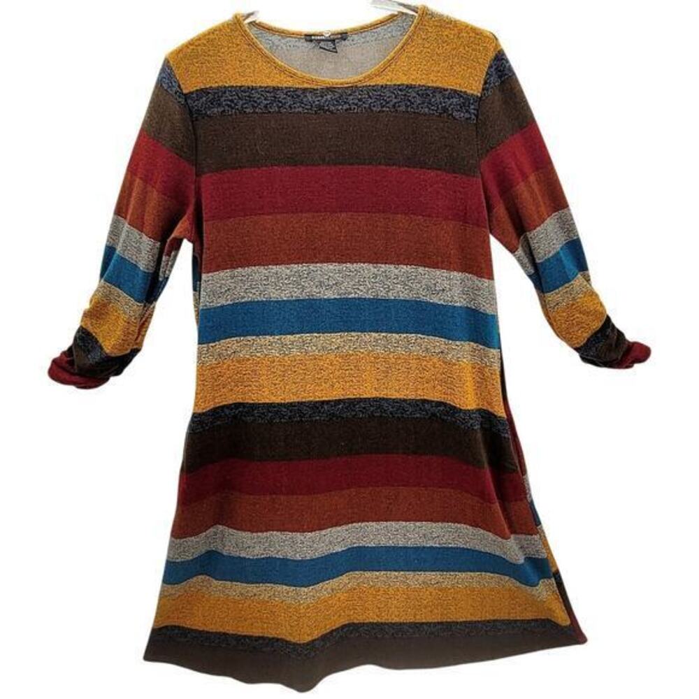 Robert Louis Striped Stretchy Boat Neck Scrunch Sleeve Midi ALine Dress
